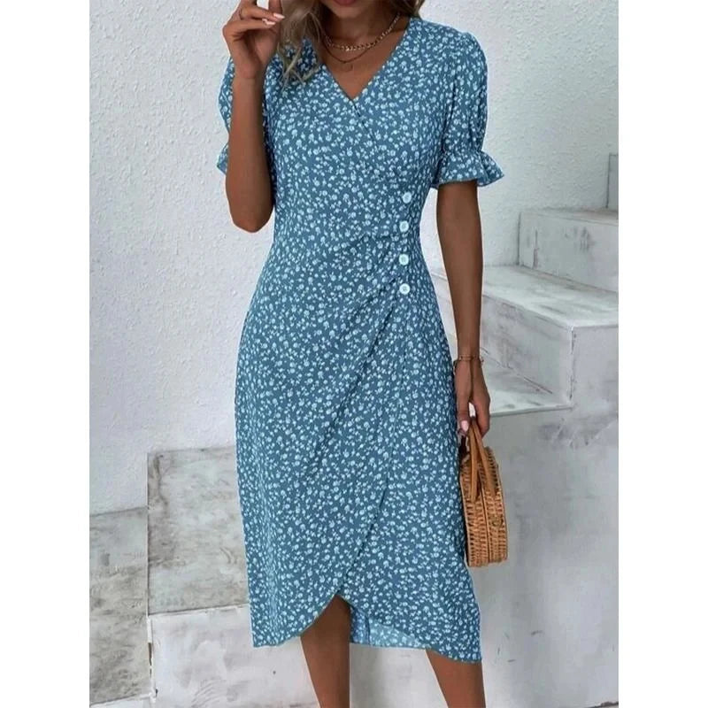 Spring Floral Bodycon Midi Dress For Women V Neck Long Sleeve Ruched Slim Fit Dresses Female Sexy Vestido Robe - Seprincess