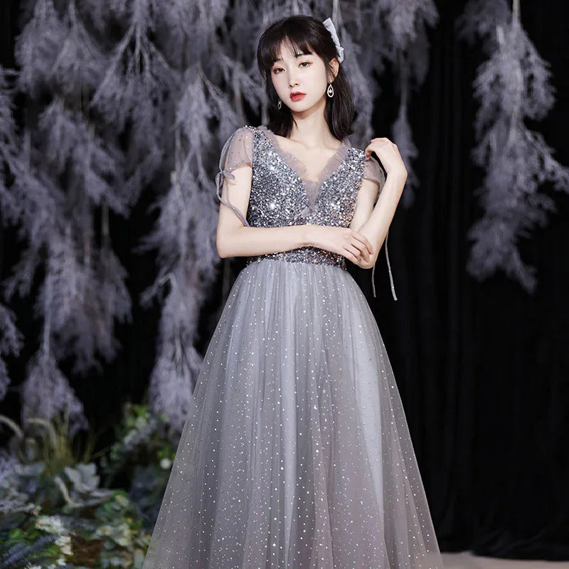 Grey Bridesmaid Evening Dress Women Off Shoulder Sequins Wedding Party Vestidos Fairy Temperament Sisters Group Gown Summer - Seprincess