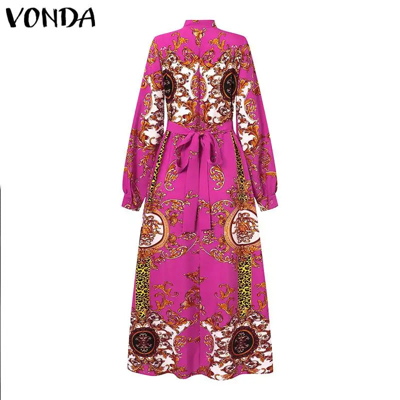 VONDA Maxi Dress 2024 Summer Women Bohemian Printed Party Sundress Long Sleeve Stand Collar Casual Robe Holiday Vestidos Belted - Seprincess