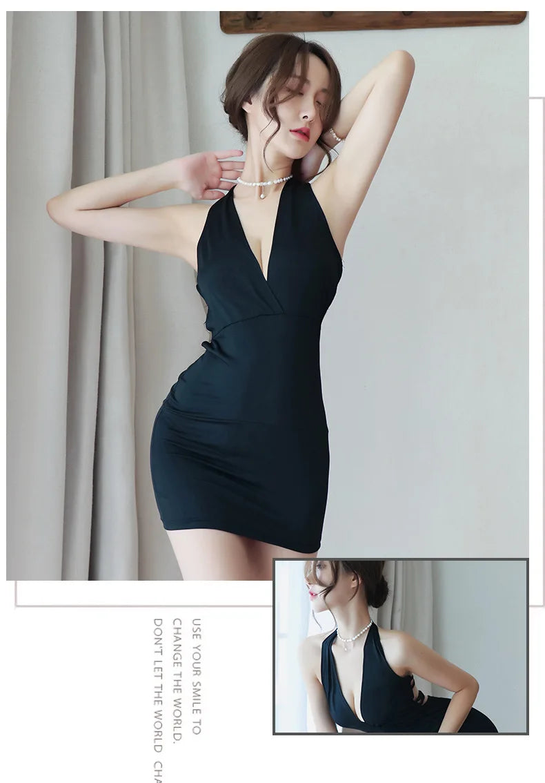 Summer New Women Sexy Dress Deep V-Neck Slim Hot Backless Mini Dress Female Bandage Halter Patchwork Mini Vestidos - Seprincess