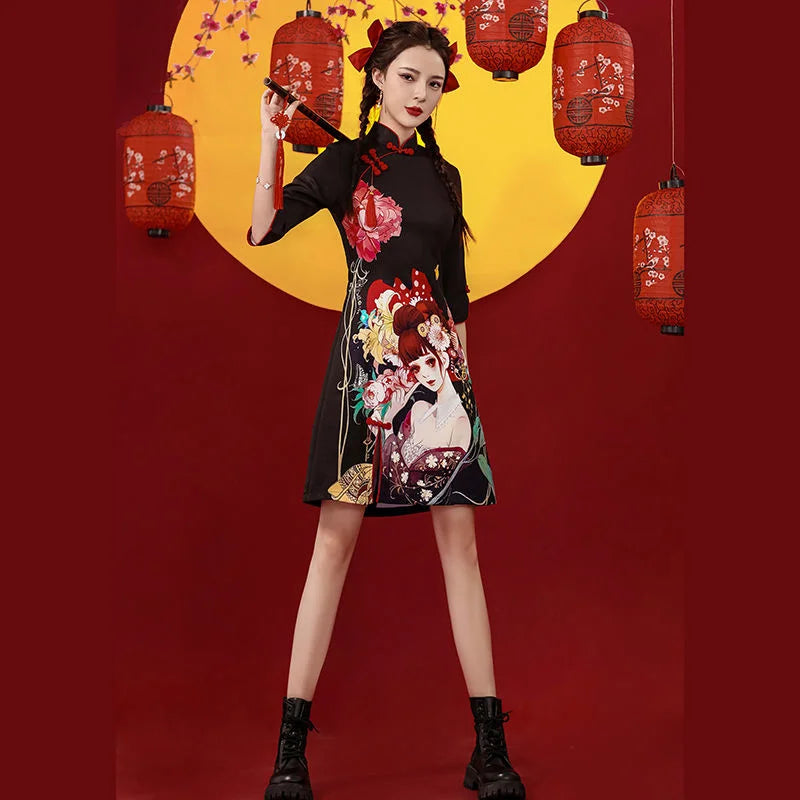 Chinese Style Cheongsam Dress Women Fashion Black Modern Modified Qipao National Traditional Robe Orientale Girl Vestido Chino - Seprincess