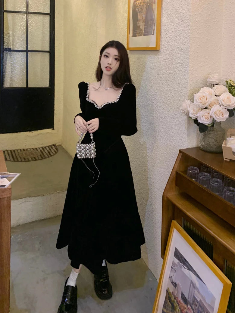 Vintage Evening Party Velvet Dresses for Woman Elegant Fashion Wedding Birthday Prom Long Sleeves Female Clothing Black Robe - Seprincess