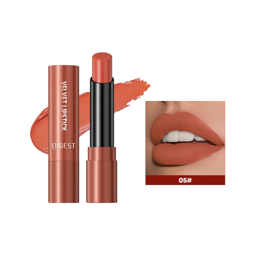 QIBEST Nude Lipstick Matte Lip Gloss High Pigment Makeup Classic Sexy Lipgloss Non-Stick Cup Long Lasting Red Lip Tint Cosmetics