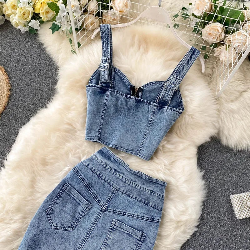 Denim Skirt Set Women Sexy Camisole Tops + High Waist Denim Pencil Skirt 2Pcs Suit Fashion Female Summer Slim Bodycon Suits - Seprincess