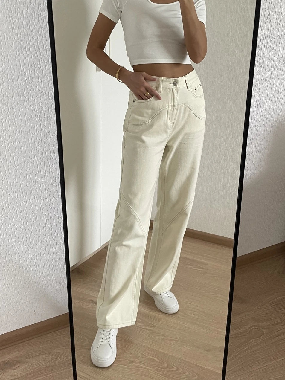 ZHISILAO Beige Straight Jeans for Women Vintage Casual Wide Leg High Waist Full Length Denim Pants Streetwear 2023