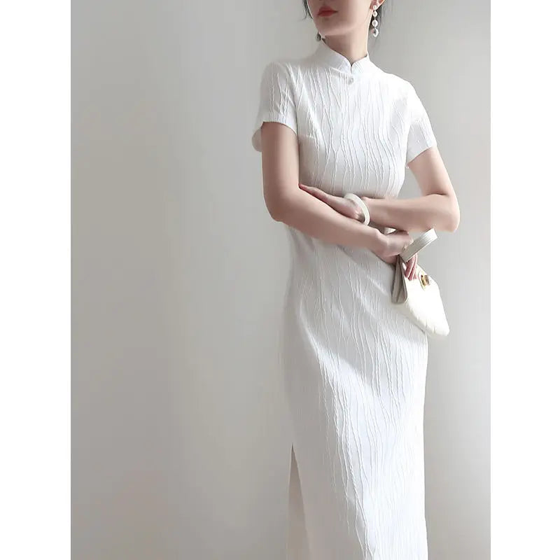 2024 new Chinese qipao dress vestidos elegant vintage cheongsam white OL cheongsam dress short sleeve modern qipao dress - Seprincess