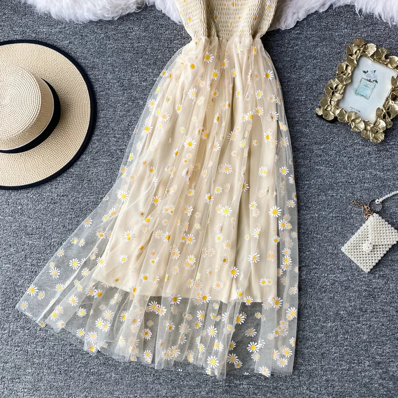 Women daisy Print Dresses Summer Sexy Lace Mesh Dress Spaghetti Strap Ruched Floral Vestidos Korean Style Long Dress - Seprincess