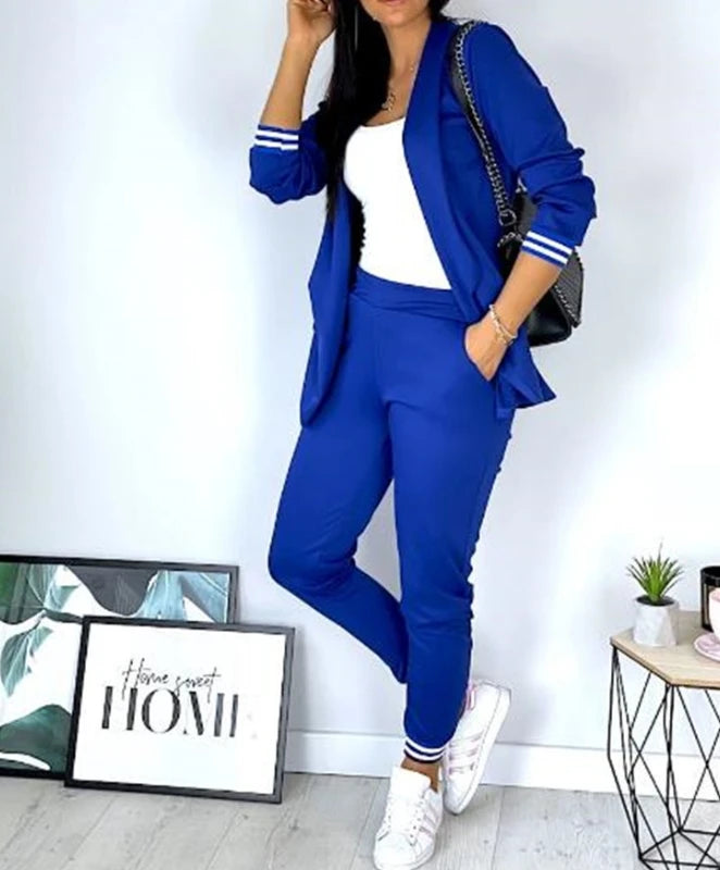 Women's Spring Double Breasted Blazer Office Pantsuit Striped Notched Collar Blazer Coat Drawstring Pants Set 2 Piece Set Female - Seprincess