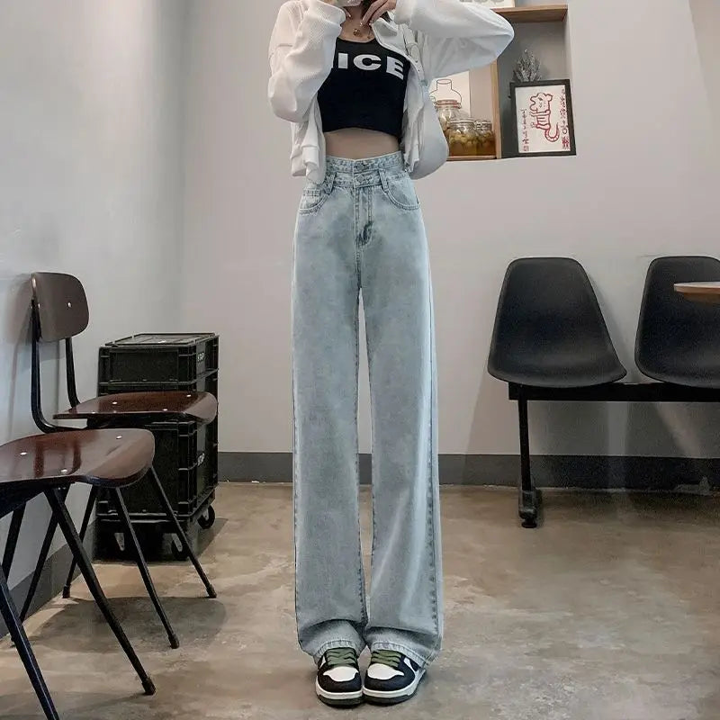 Solid Pockets Button High Waist Jeans Elegant Fashion Harajuku Slim Fit Female Clothes Casual Sweat All Match Straight Pants