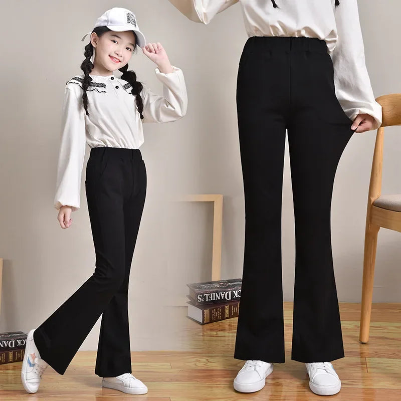 Fashionable Black Bell-bottom Kids Pants For Girls Spring/autumn Outerwear Style Children's Trousers Stylish Children's Pants