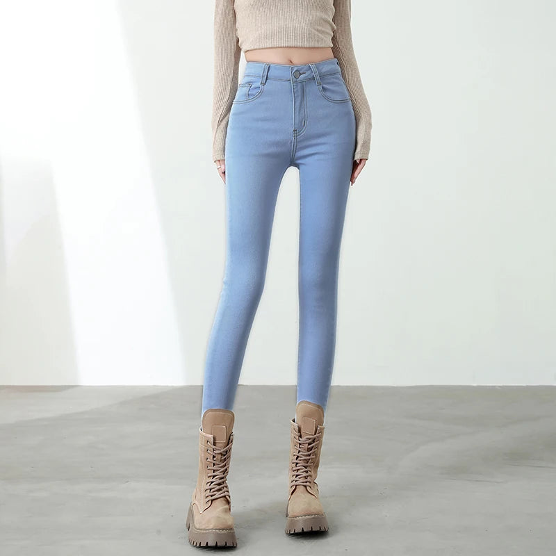 New Sexy Women Light Blue Slim Skinny Denim Jeans High Waist Elastic Mom Jeans Stretch Pencil Pants Streetwear Tight Trousers