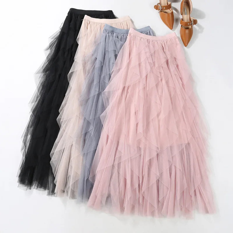 Tulle Skirts for Women Long Length Tutu Fairy Tiered Skirt A Line Mesh Elastic Waist Skirts Big Hem Black Gray Pink Beige Skirts - Seprincess