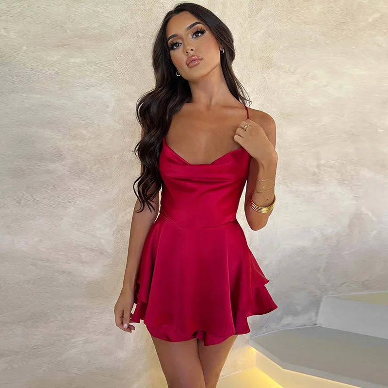 Sling Satin Halter Strap A Pendant Dress Sexy Elegant Lady Style Short Skirt Summer Female Club Party Vestidos - Seprincess