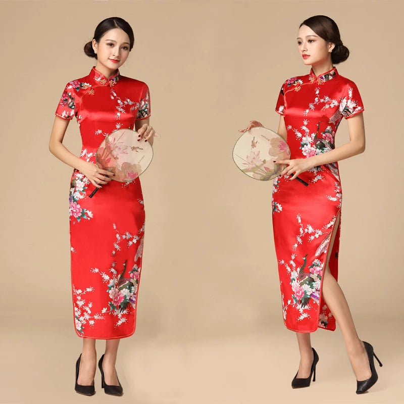 Women Satin Cheongsam Chinese Traditional Mandarin Collar Evening Party Dress Print Peacock Sexy Split Qipao Vestidso - Seprincess