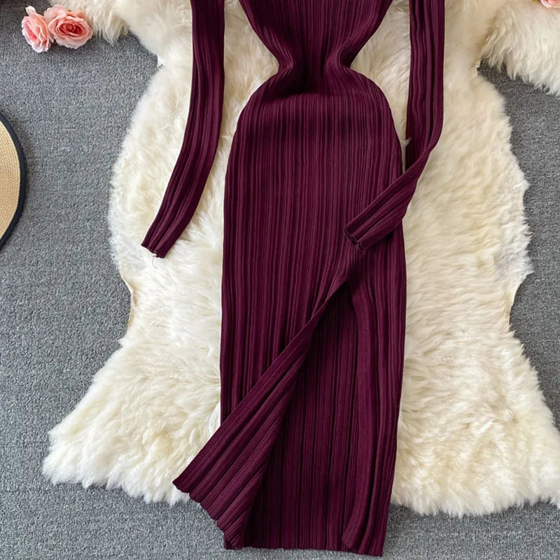 Women Korean Knitted Dress Long Sleeve V Neck Elastic Slim Pencil Dresses 2024 Autumn Sexy Bodycon Split Sweater Dress - Seprincess