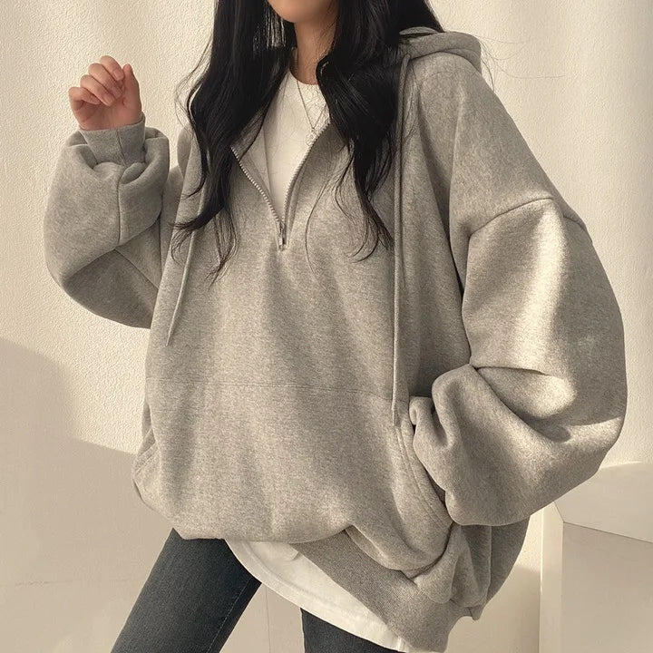 Women Hoodie Harajuku Loose Oversized Solid Color Top Half Zip Up Sweatshirt Female Casual Long Sleeve Pocket Hooded Coats 2024 - Seprincess