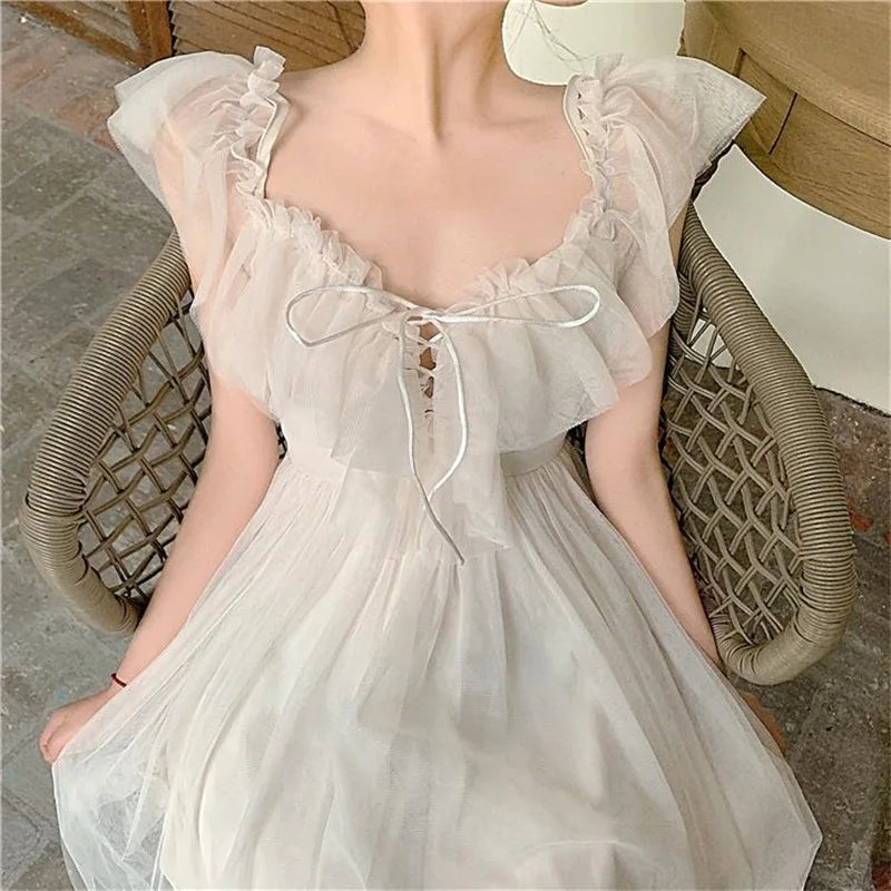 Women Sexy Mesh V Neck Lace Up Sweet Kawaii Japanese Fairy Party Elegant Dresses Summer Fashion Ruffle White Short Sleeve Dress - Seprincess