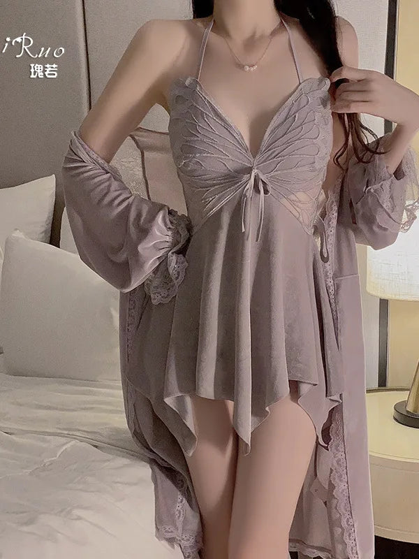 Sweet Velvet Irregular Dress Mature Charm Elegant Gentle Butterfly Chest Cup With Chest Pads Hanging Neck Dress Outer Robe CAY8 - Seprincess