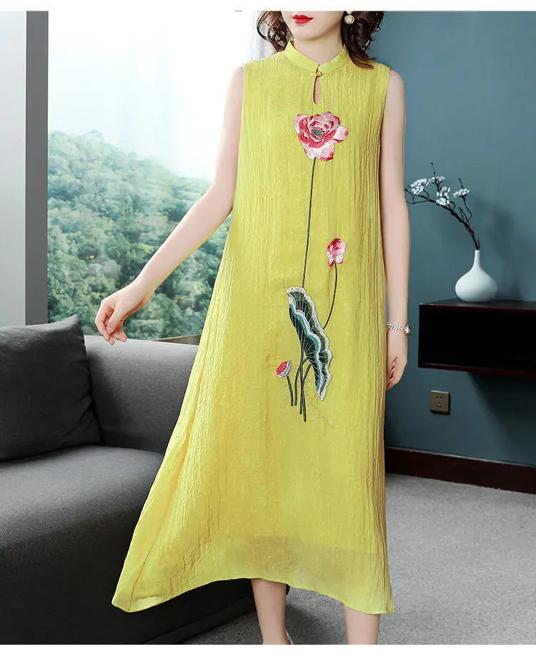 1pcs/lot chinese style woman Embroidered Cheongsam Sleeveless Vest Chiffon Dress Woman Dress print dress - Seprincess