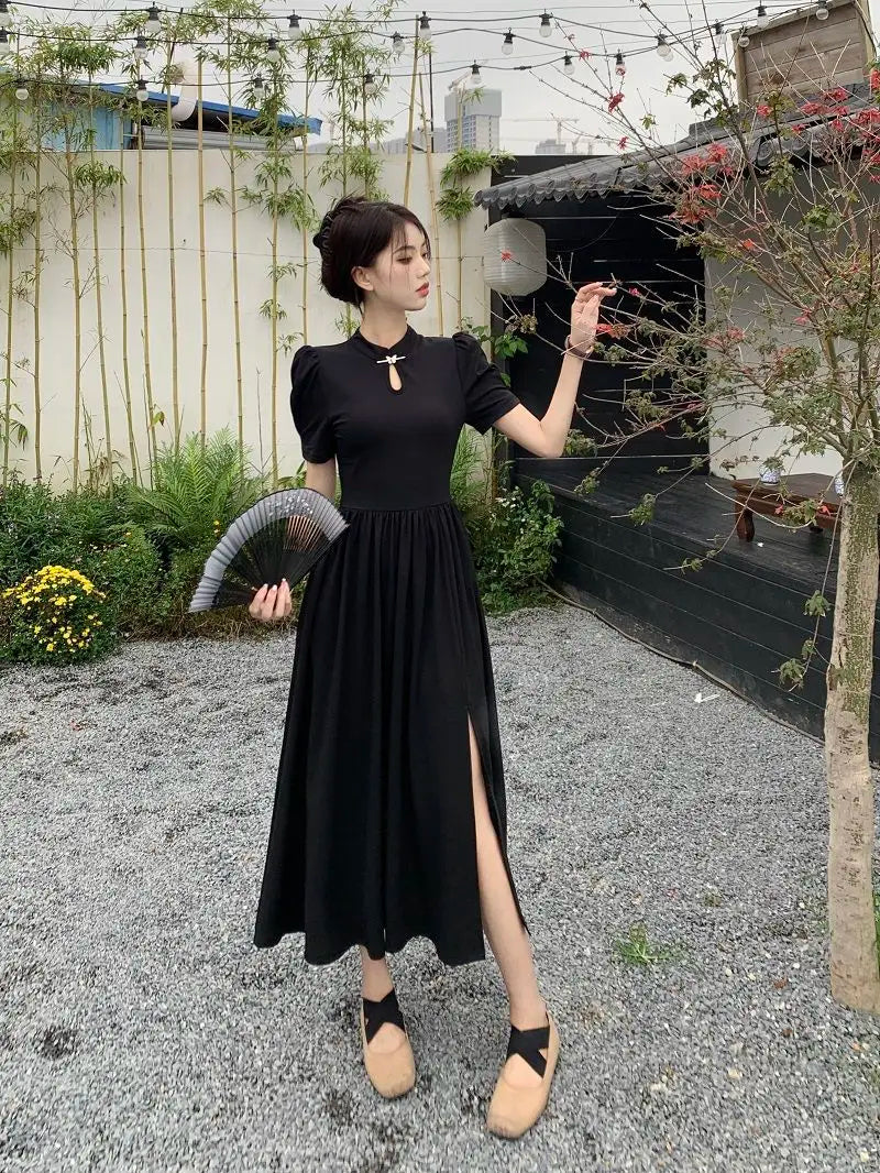 New Chinese Style Improved Cheongsam Dress New Summer Qipao Temperament Black Large Swing Split Midi Qi Pao Dress Woman - Seprincess