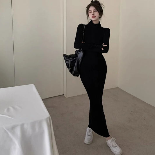 Sexy Black Turtleneck Knitted Bodycon Dress Women Autumn Winter Long Sleeve Sweater Dress Woman Korean Bottoming Long Dresses - Seprincess