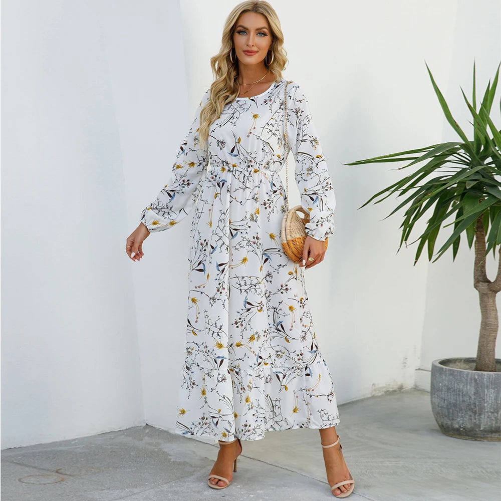 Women Maxi Dresses Sping Autumn Bohemian Casual Full Sleeve High Waist Beach Woman Chiffon Dresses Floral Vestidoes Long Dress - Seprincess