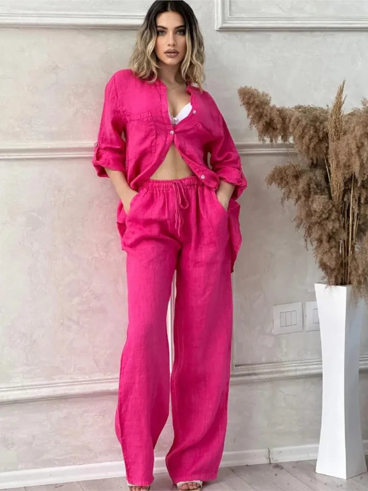 Spring Autumn Two Piece Sets 2024 Women Casual Long Sleeve Pocket Shirts 2 Piece Set Fashion Loose Wide Leg Pants Suit Outfites - Seprincess