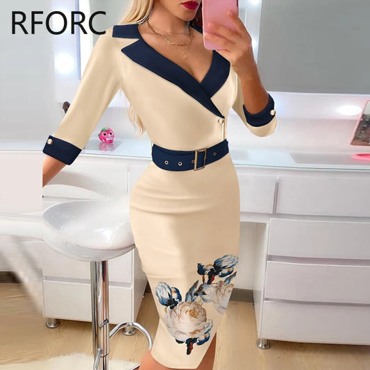 2023 Women Floral Print with Belts Notched Collar Half Long Sleeves Midi Bodycon Formal Party Dress - Seprincess