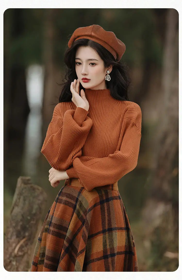 Women's Spring Autumn Vintage Plaid Long Skirts Sweater Two-Piece Set French Lady Graceful Knit Pullover High Waist Skirt Outfit - Seprincess