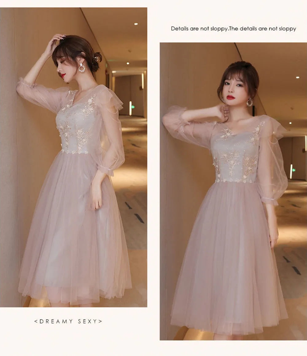 4 Styles Elegant Simple Bridesmaid Dress Women's Tulle Half Sleeves Slim Fit Design A-Line Dress Applique Wedding Party Vestido - Seprincess