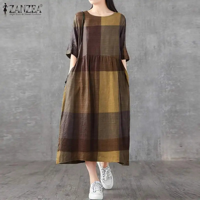 ZANZEA Women Cotton Linen Dresses Vintage Plaid Half Sleeve Midi Vestidos Casual O-neck Long Sundress 2023 Holiday Pocket Robes - Seprincess