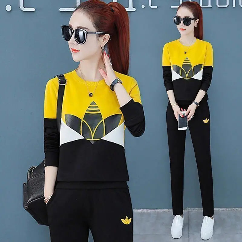 2022 Summer New Daisy Loose Pants Suit Women's Track Korean Version Splicing Long Sleeved Top and Trousers Two Piece Set - Seprincess