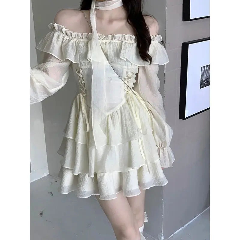 Long Sleeve Elegant Mini Dress Lolita Pure Color Short Party Dress Woman Casual 2023 Spring Sweet One Piece Dress Korean Fashion - Seprincess