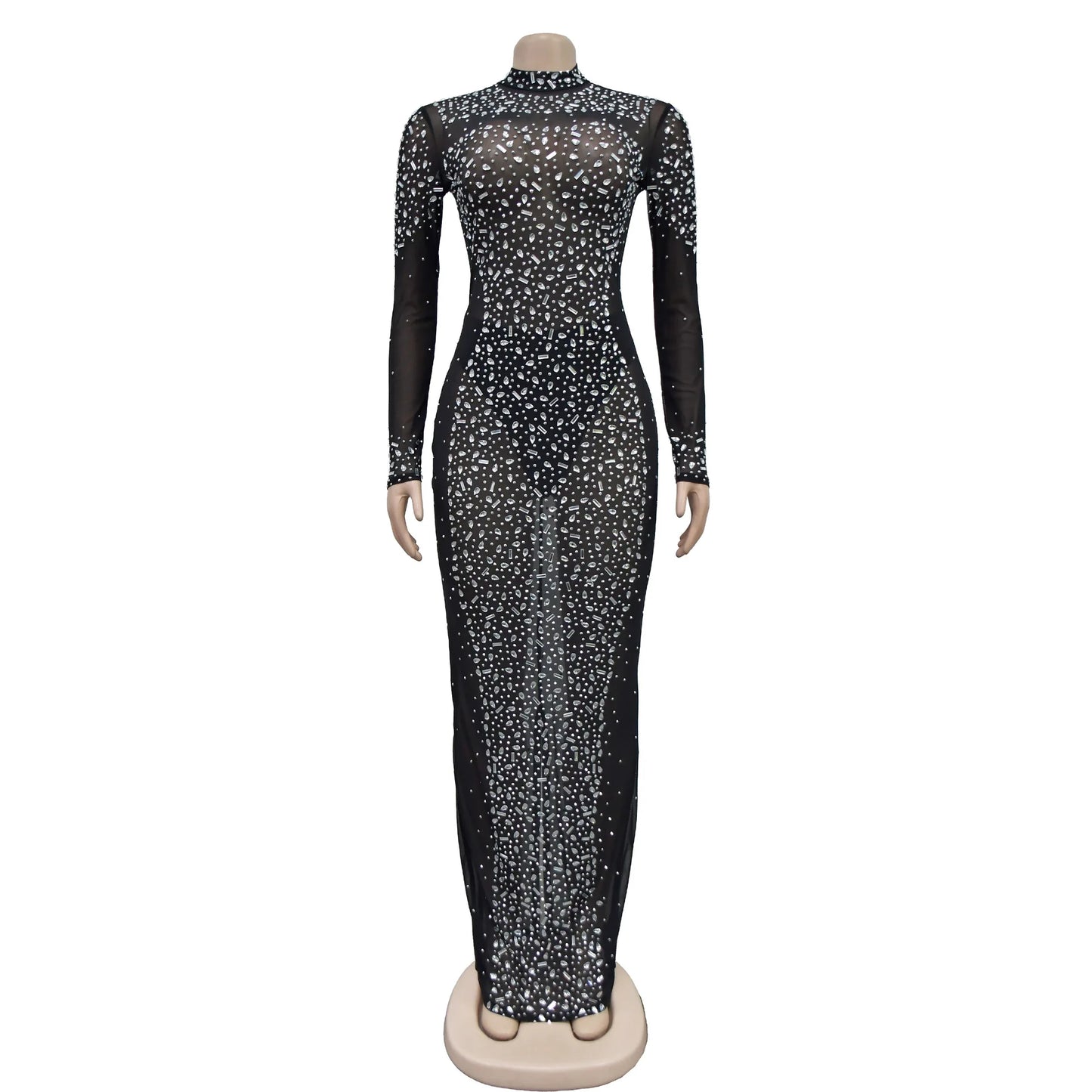 Women Sexy See Through Sheer Mesh Rhinestone Decor Long Sleeve Maxi Party Dress - Seprincess