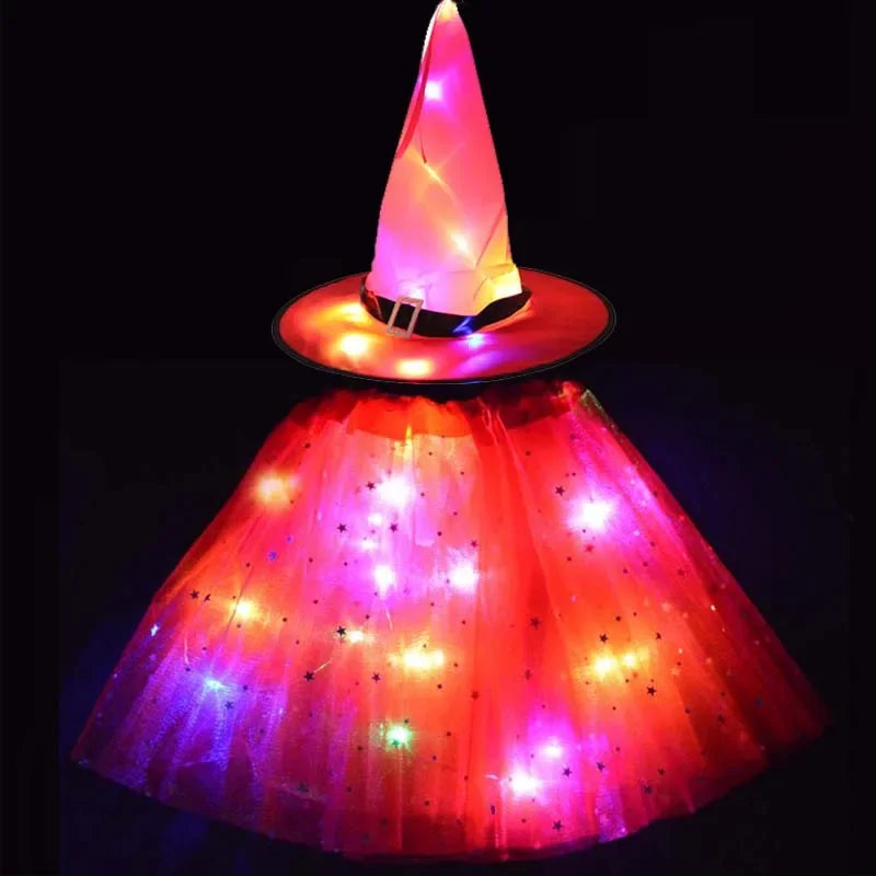 Women Kids Girl Luminous LED Glow Light Up Elf Witch Hat Star Skirt Spider Web Tutu Wizard Costume Party Gift Halloween Festival - Seprincess