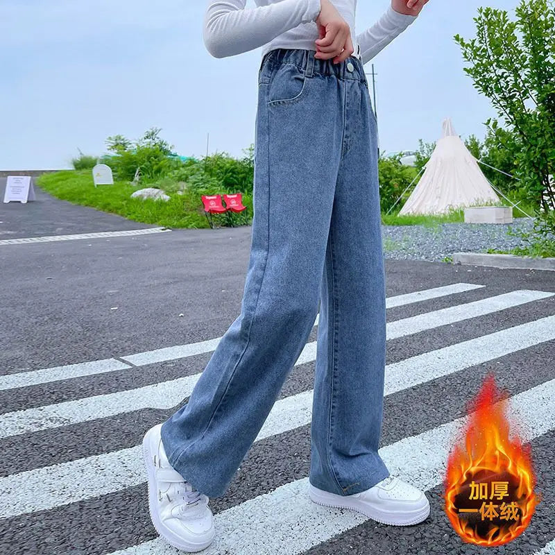 Young Girls Jeans 2024 New Fashion Jeans Wide Leg Pants Autumn Winter  Fleece Thick Warm High Waist Baby Hot Sale Casual Trouser