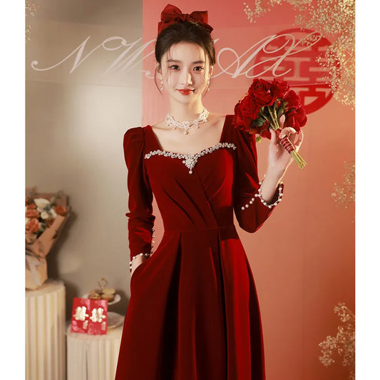 Burgundy Velvet Prom Dresses Square Collar Long Sleeve Pearl Crystal Long Engagement Dress Plus Size Female Formale Gowns - Seprincess