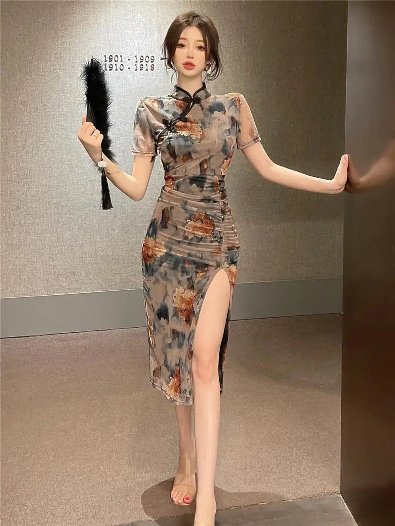 Retro Fenghua Color Imperial Sister Cheongsam Goddess Style Improved Qipao Women's Summer Slim Fit Show Body Slit Bag Dress - Seprincess