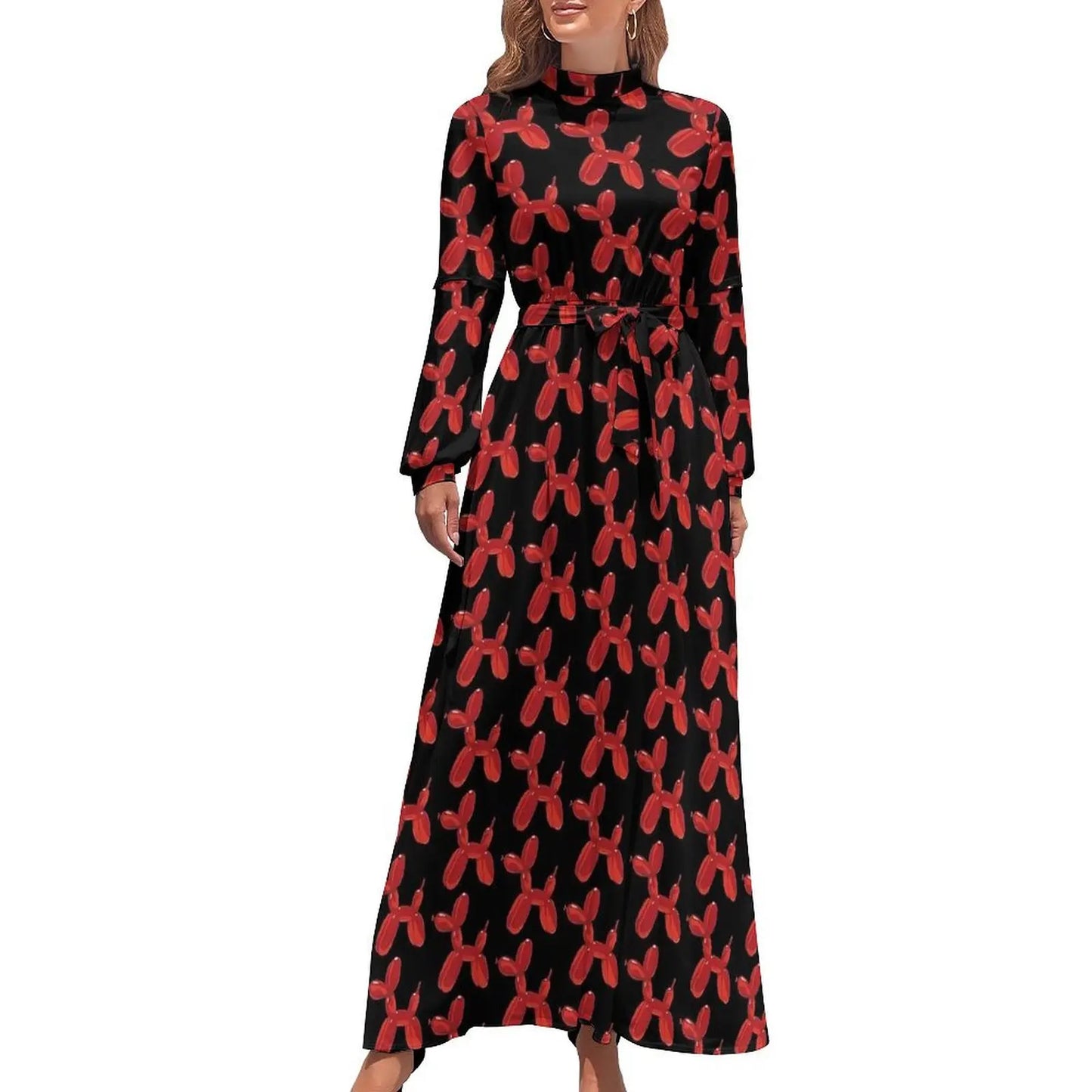 Balloon Dogs Dress Long Sleeve Animal Print Elegant Maxi Dress High Waist Casual Custom Bohemia Long Dresses Gift - Seprincess