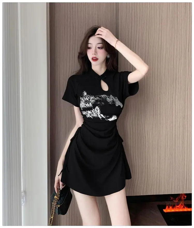 New 2024 Retro Daily Leisure Qipao Dress Chinese Style Printing Improved Cheongsam Fashionable Wrinkled Waist Design Thin Dress - Seprincess