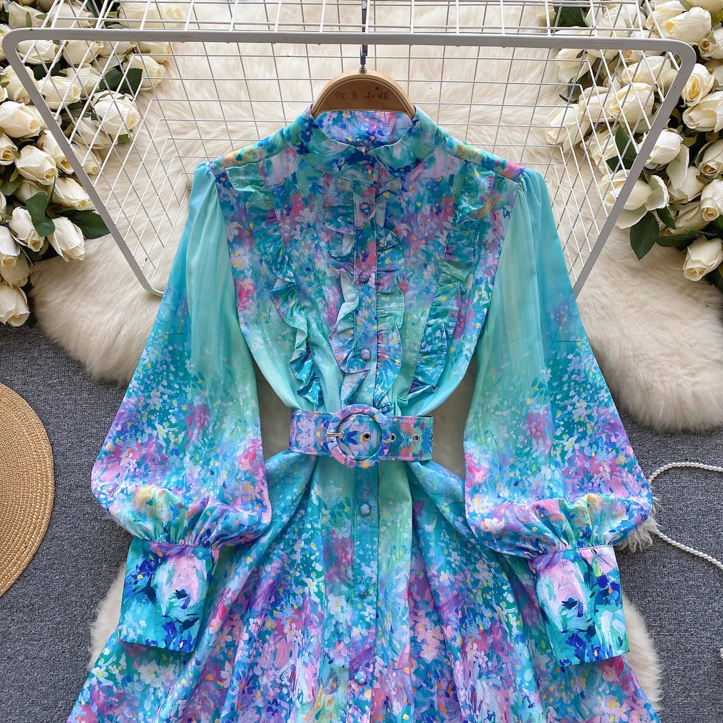 Print Belt Lantern Long Sleeve Patchwork Single Breasted Dress A-line Casual Women Fashion Autumn Spring Vestidos Short Dress - Seprincess