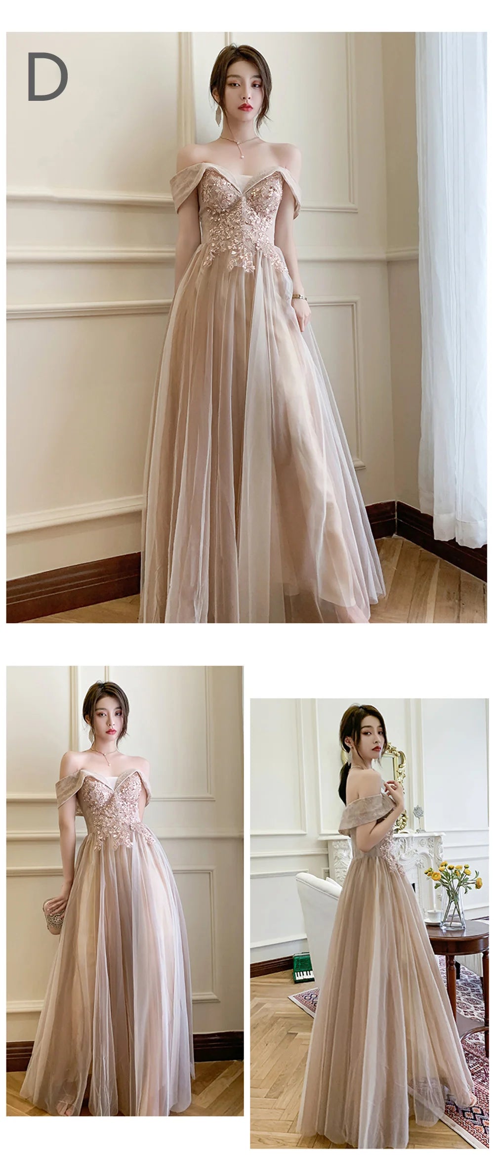 4 styles Champagne Pink Bridesmaid Dress Women's Elegant Off Shoulder Ruffles Sleeves Gown Sequins Flower Applique Vestido - Seprincess