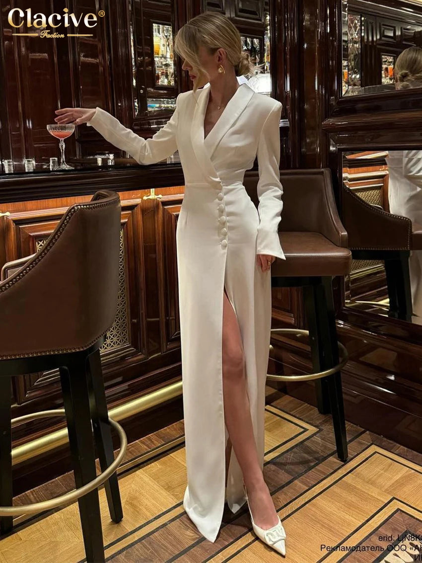 Clacive Fashion Slim White Dress Bodycon Lapel Long Sleeve Ankle Length Dress Party Elegant Classic Slit Dresses For Women 2024 - Seprincess