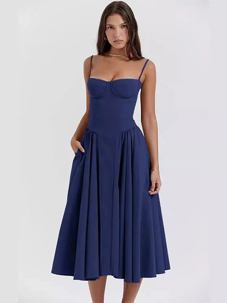 Sexy Solid Pleated Hem Sling Dress Women Fashion Midi Sleeveless Backless Dresses Female 2024 Summer Party Evening A-line Robes - Seprincess