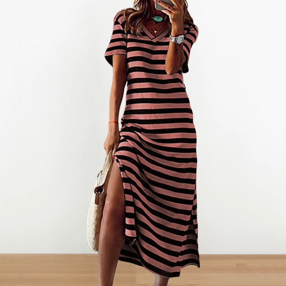 Summer Dresses 2023 Woman Plus Size Dresses For Women Casual Stripe Print V-neck Short Sleeve Loose Long Dress Robe Femme - Seprincess