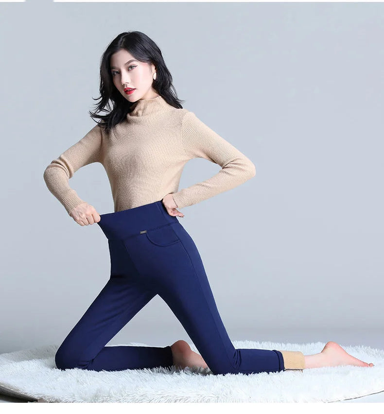 Super Warm Winter Pencil Pants Women Big Size 6xl Thicken Fleece Lined Slim Pantalones High Waist Office Lambwool Fluff Leggings