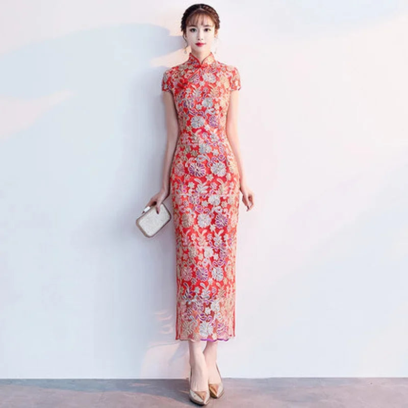 New model 2024 Womens Dress Fashion Chinese Style Elegant Long Qipao Luxury Wedding Robe Red Lace Bride Party Cheongsam Oriental - Seprincess