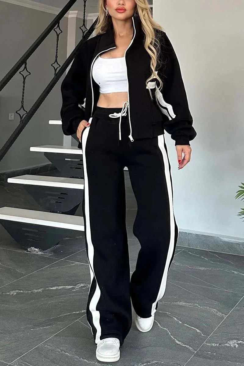 Y2K Striped Zipper Coat+sweatpants Two Piece Set Women Casual Batwing Sleeve Sports Jacket Outfits Autumn Winter Sweatshirt Suit - Seprincess