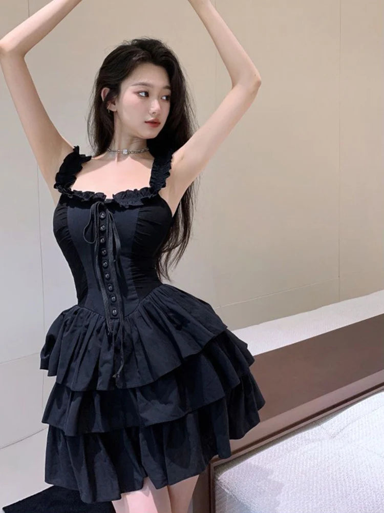 Jmprs Sexy Slip Lolita Style Black Dress Women Vintage Sleeveless Y2K Mini Dress Summer Slim Sweet Korean Lace Up Cake Dress New - Seprincess