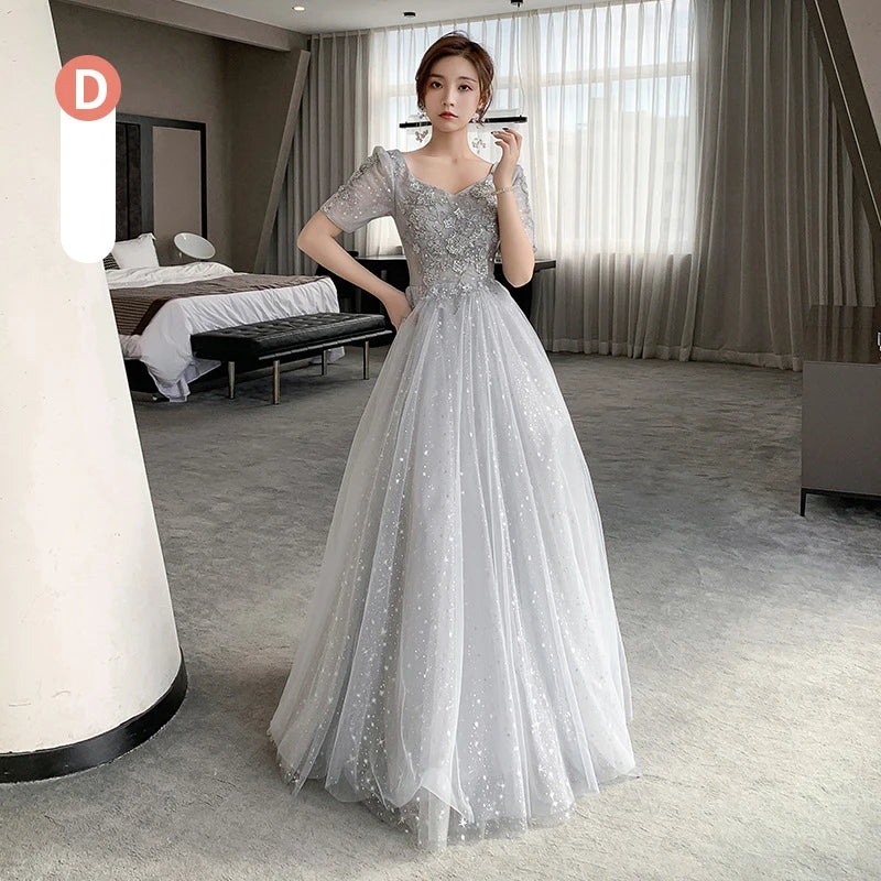 Grey Bridesmaid Dresses Elegant Women Applique Off The Shoulder Floor Length Tulle Wedding Party Dress Formal Prom Gowns - Seprincess